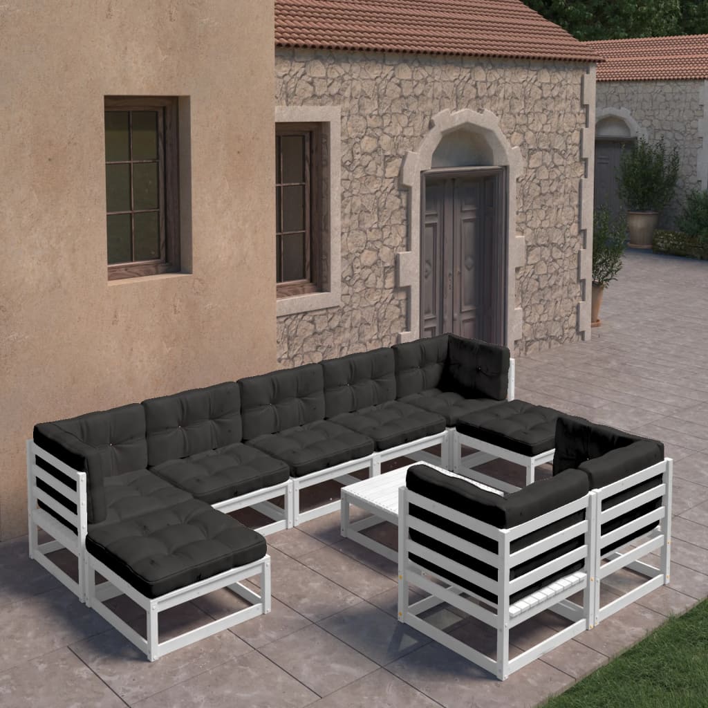 10-tlg. Garten-Lounge-Set mit Kissen Weiss Kiefer Massivholz